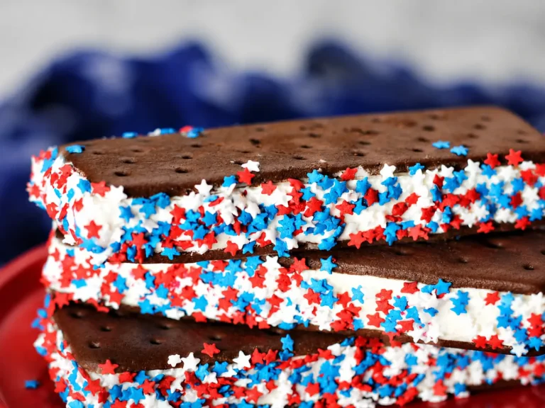 4th of July Ice Cream Sandwich with red white and blue sprinkles