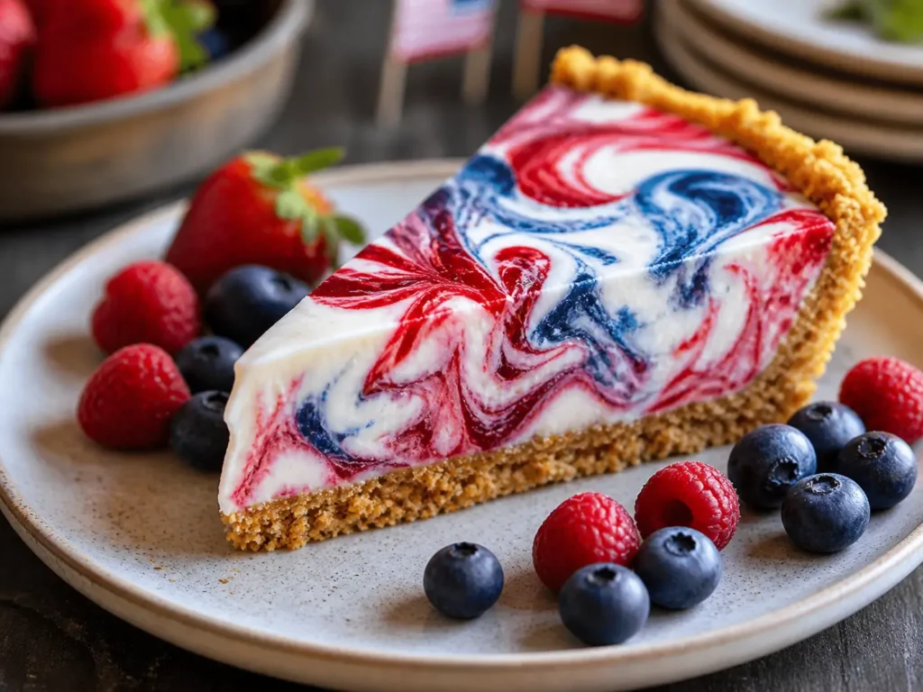 4th of July Swirl Pie with red and blue swirls on creamy filling