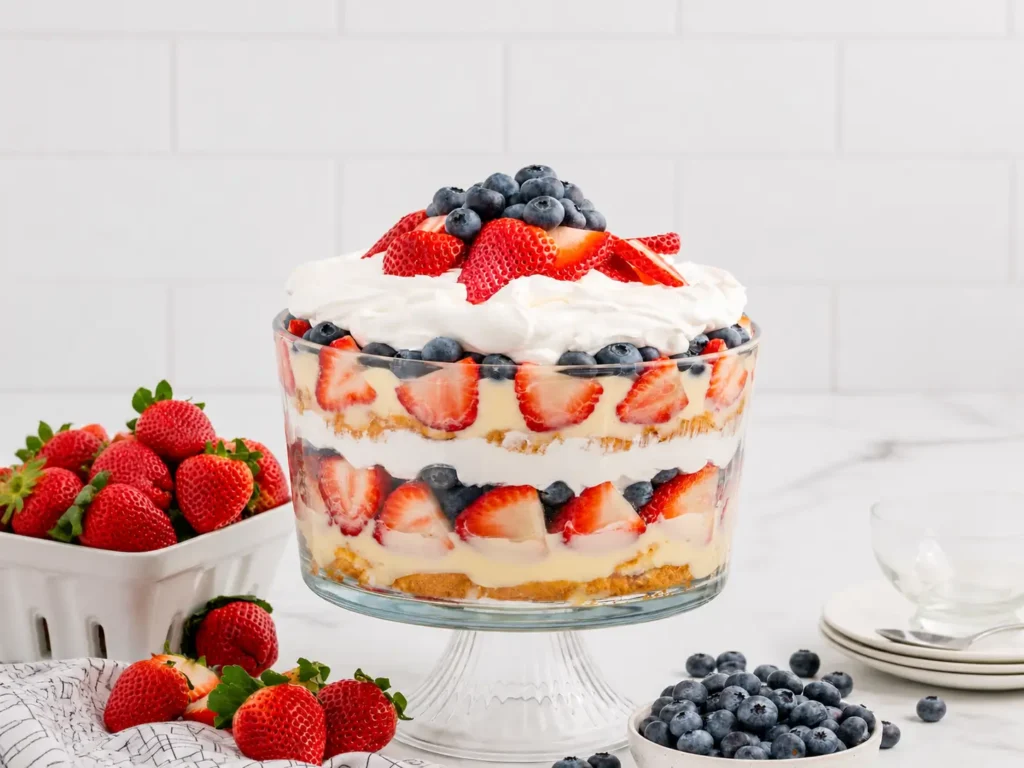 4th of July Trifle layered with strawberries, blueberries, cake, and cream