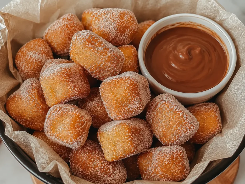 Freshly made Air Fryer Churro Bites coated in cinnamon sugar