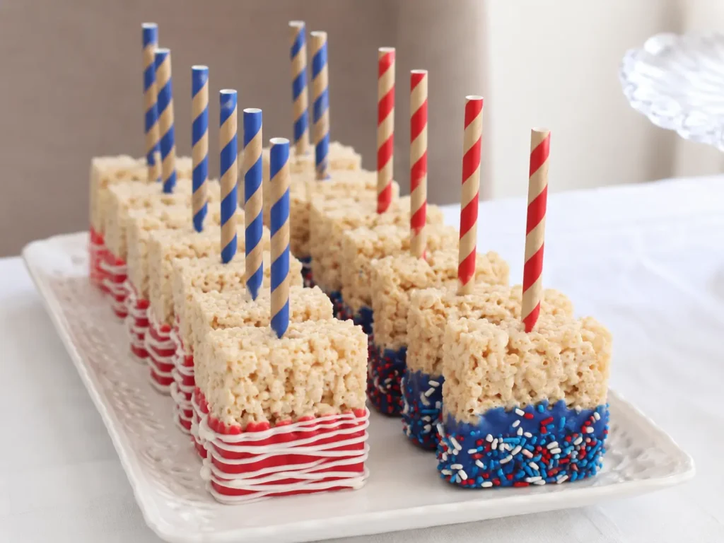 American Flag Rice Krispie treats decorated with red white and blue candy melts