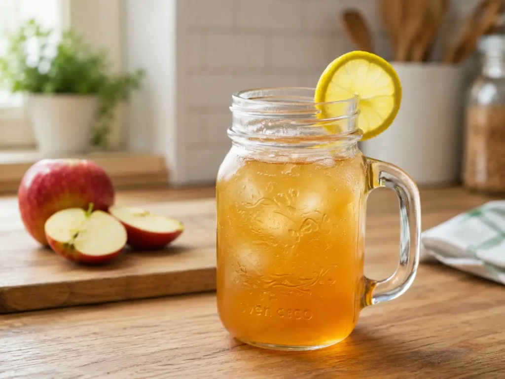 Glass of Apple Cider Vinegar detox drink with lemon and cinnamon