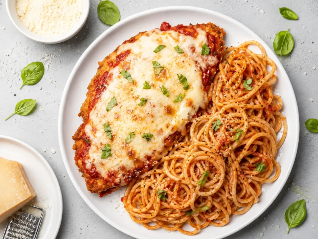 Crispy baked chicken parmesan with marinara and melted mozzarella