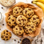 Freshly baked Banana Oatmeal Chocolate Chip cookies on a cooling rack