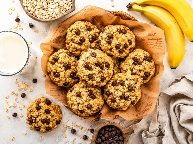 Freshly baked Banana Oatmeal Chocolate Chip cookies on a cooling rack