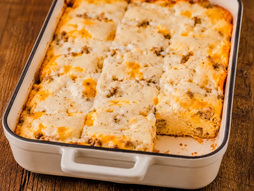 Biscuits and Gravy breakfast casserole baked with sausage and cheddar cheese