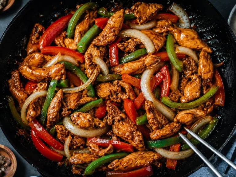 Black Pepper Chicken served with peppers and onions in glossy sauce