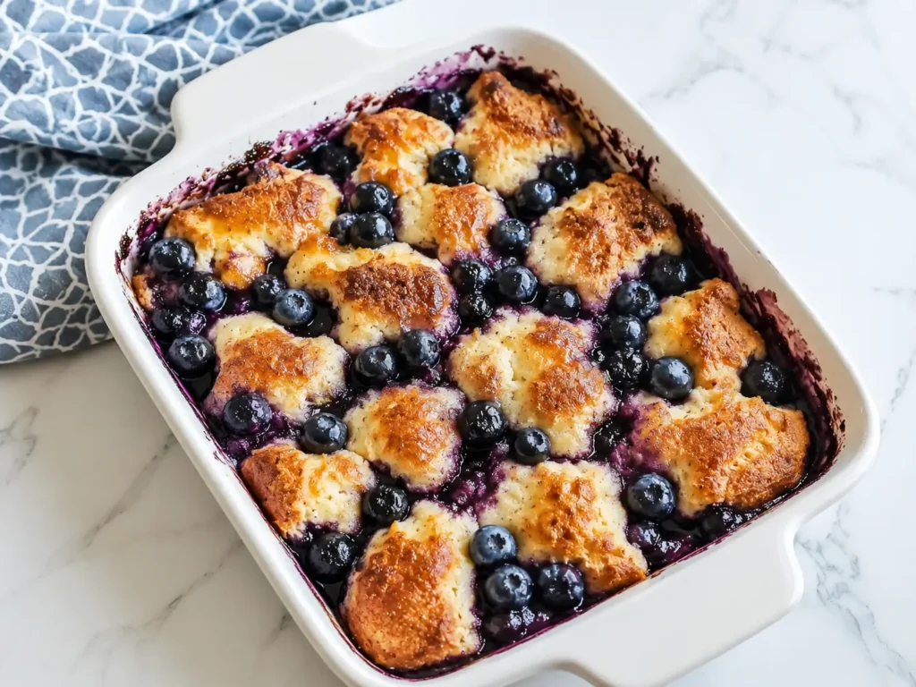 Blueberry French Toast Casserole baked with cream cheese and fresh blueberries