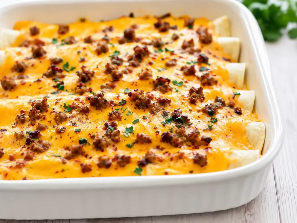 Cheesy Breakfast Enchiladas with eggs, bacon, and sausage fresh from the oven