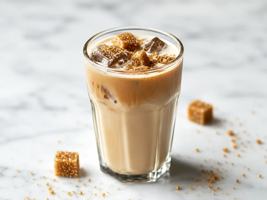 Brown Sugar Vanilla Iced Coffee served over ice with creamy vanilla milk
