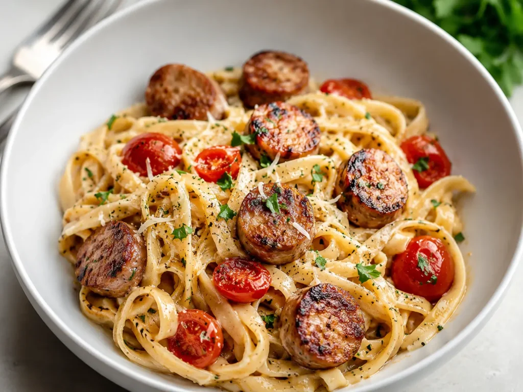 Creamy Cajun Sausage Pasta served with Parmesan and parsley
