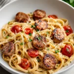 Creamy Cajun Sausage Pasta served with Parmesan and parsley