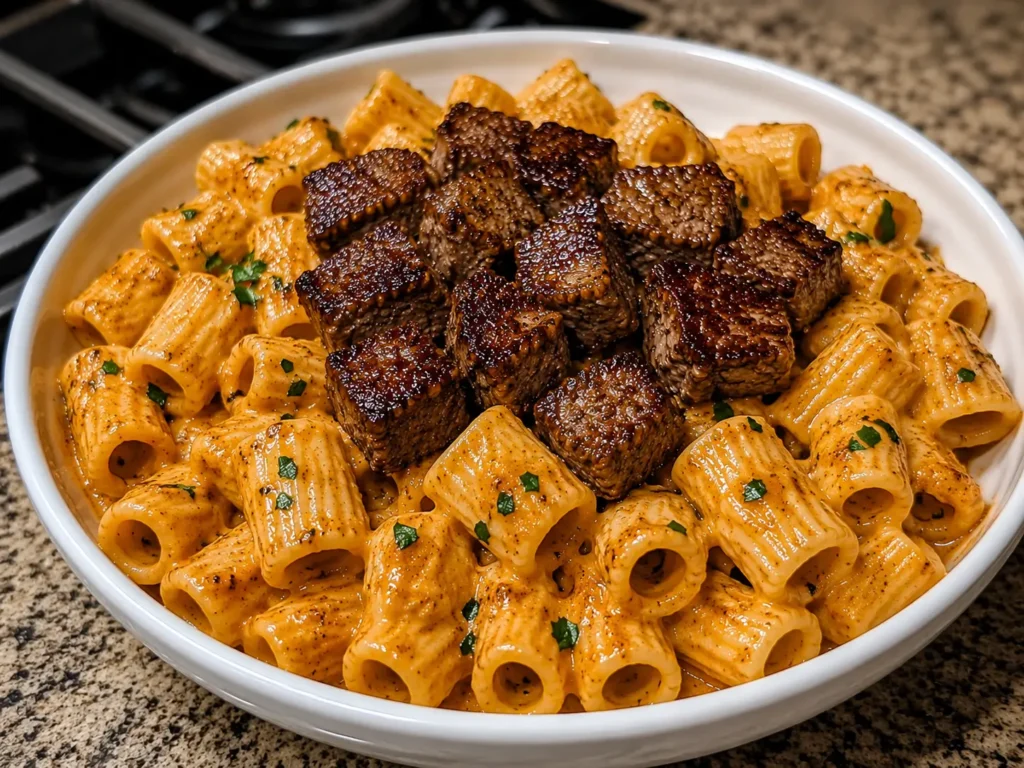 Cajun Steak Tips in Cheesy Rigatoni Parmesan Sauce served hot with creamy pasta and seared steak bites