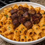 Cajun Steak Tips in Cheesy Rigatoni Parmesan Sauce served hot with creamy pasta and seared steak bites