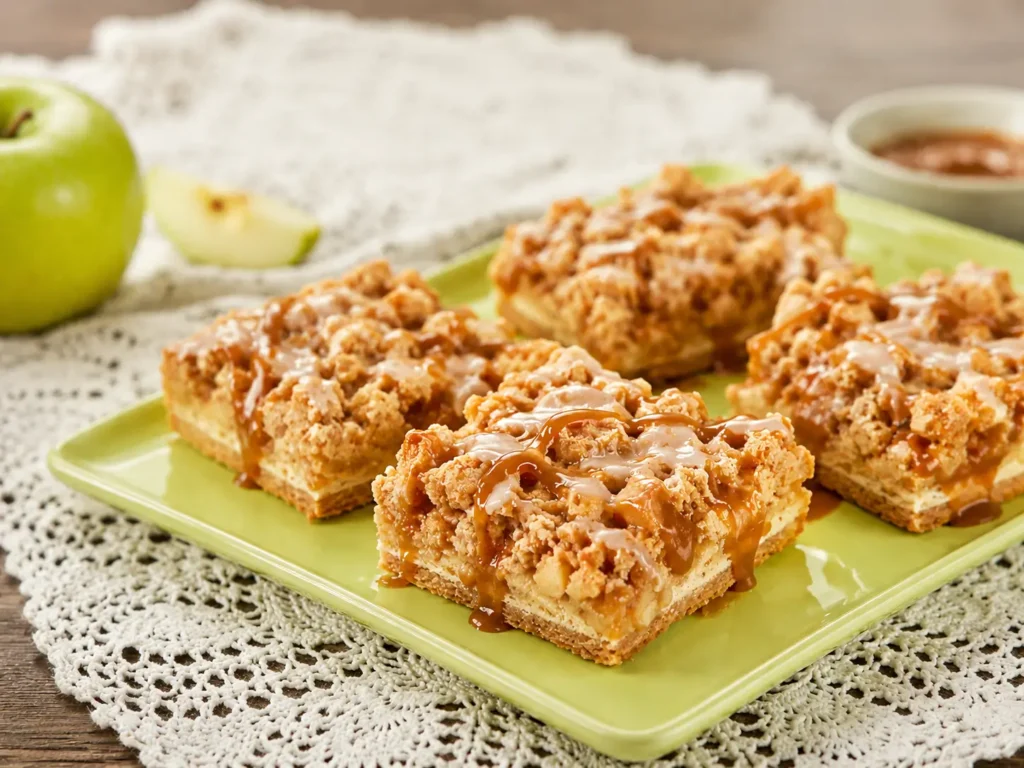 Caramel Apple Cheesecake topped with apple pie filling, caramel sauce, and crunchy pecans