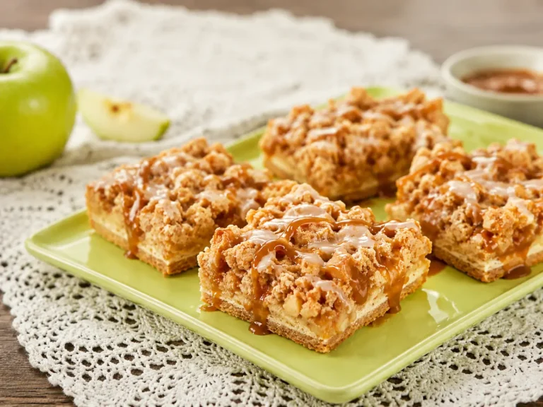 Caramel Apple Cheesecake topped with apple pie filling, caramel sauce, and crunchy pecans