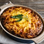 Cheesy Potato Breakfast casserole with sausage, eggs, and melted cheddar cheese