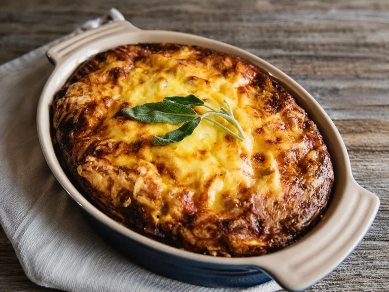 Cheesy Potato Breakfast casserole with sausage, eggs, and melted cheddar cheese