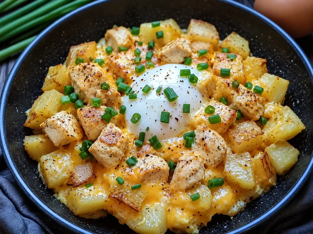 Cheesy Potato Egg Scramble served in a skillet with melted cheddar and crispy potatoes