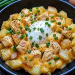 Cheesy Potato Egg Scramble served in a skillet with melted cheddar and crispy potatoes