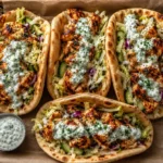 Warm Chicken Pitas filled with roasted chicken and creamy herby ranch
