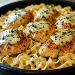 Chicken with Buttered Noodles served in a skillet with fresh parsley