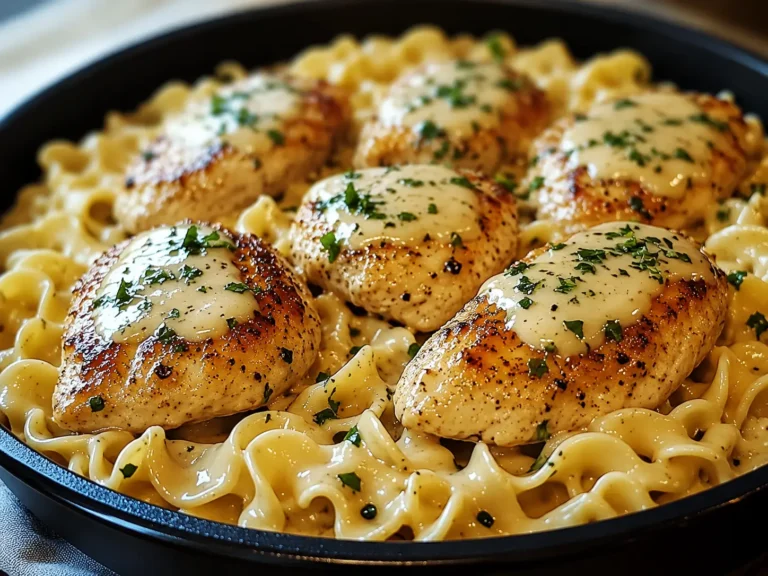 Chicken with Buttered Noodles served in a skillet with fresh parsley