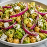 Chickpea Feta Avocado Salad served in a rustic bowl with fresh herbs and lemon