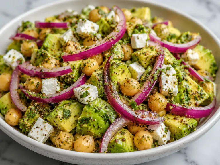 Chickpea Feta Avocado Salad served in a rustic bowl with fresh herbs and lemon