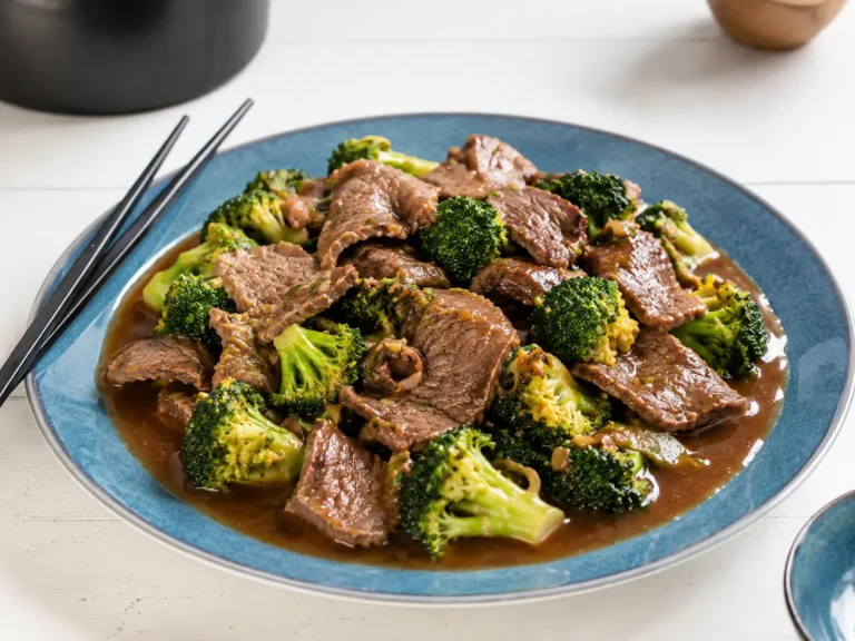 Chinese Beef and Broccoli served over rice with glossy savory sauce