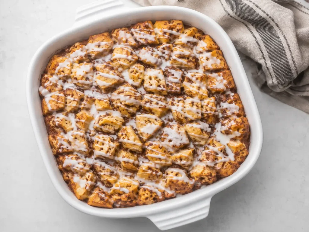 Warm Cinnamon Roll Casserole with icing drizzle in baking dish