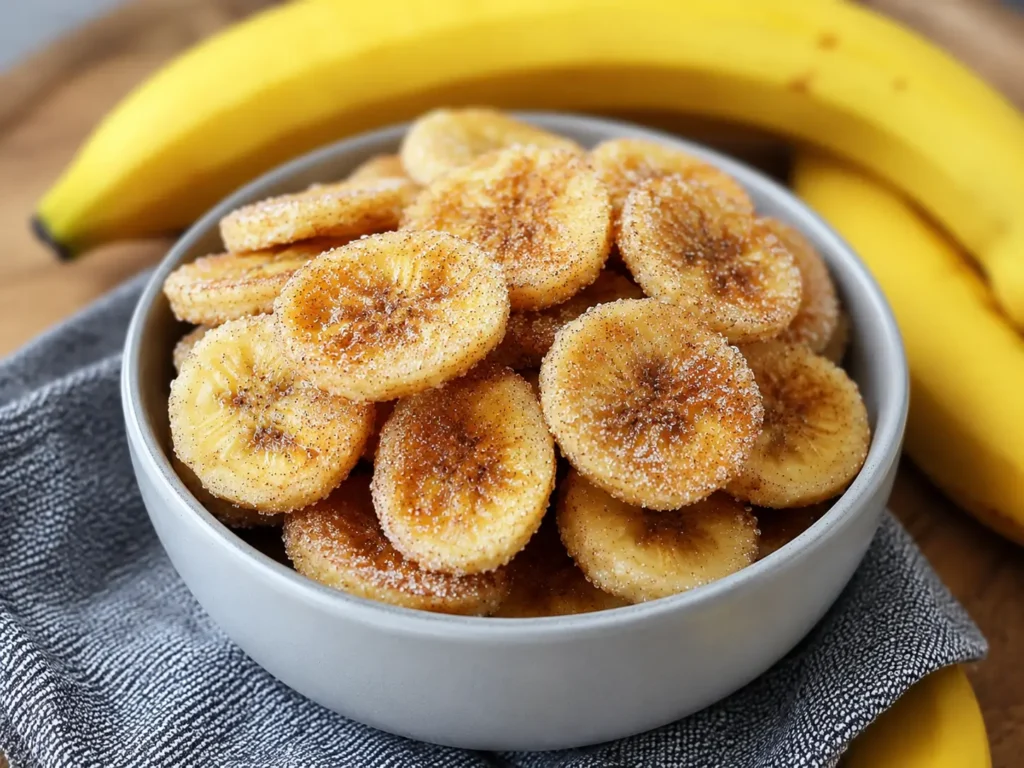 Crispy Cinnamon Sugar Air Fryer Banana Chips in a serving bowl