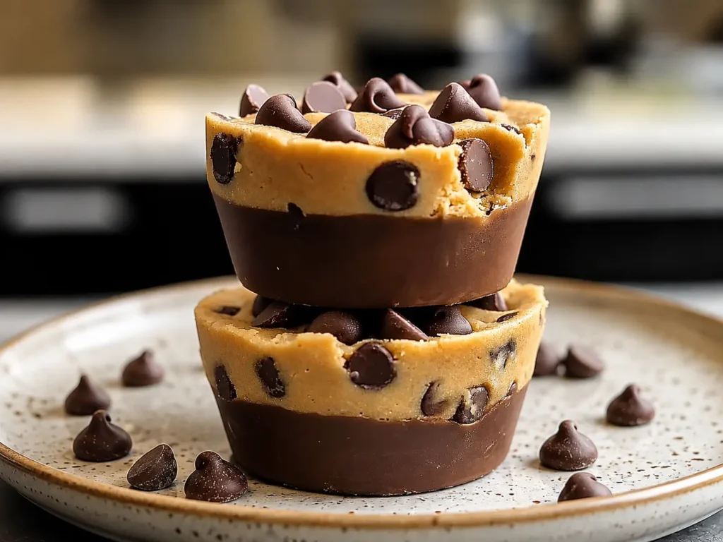 Freshly baked Cookie Dough Cups with chocolate chips and soft centers