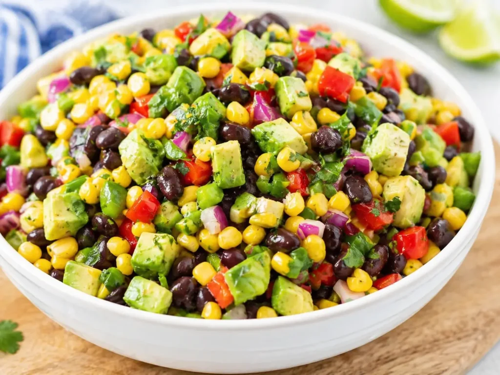 Colorful bowl of Cowboy Caviar with beans, corn, avocado, and lime dressing