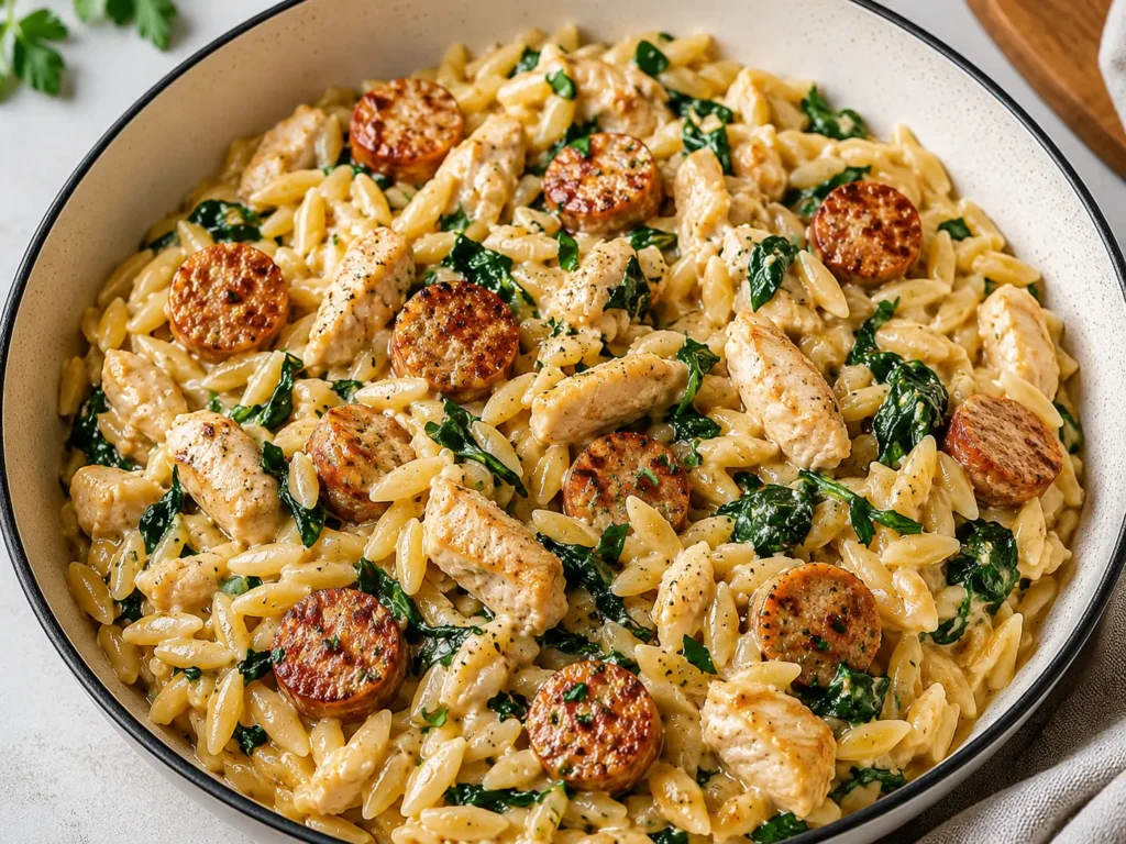 Creamy Chicken Sausage Orzo served in a skillet with melted cheese and herbs