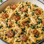 Creamy Chicken Sausage Orzo served in a skillet with melted cheese and herbs