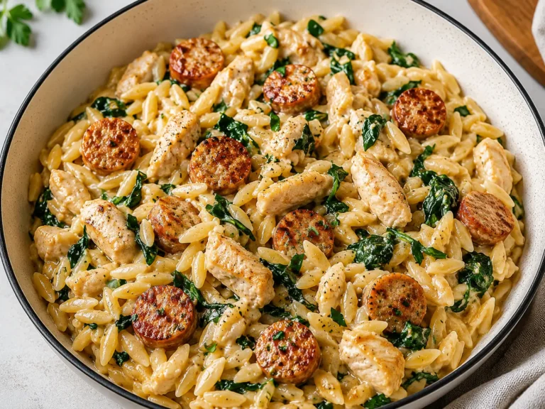 Creamy Chicken Sausage Orzo served in a skillet with melted cheese and herbs