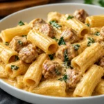 Creamy Italian Sausage Rigatoni served with Parmesan and fresh basil