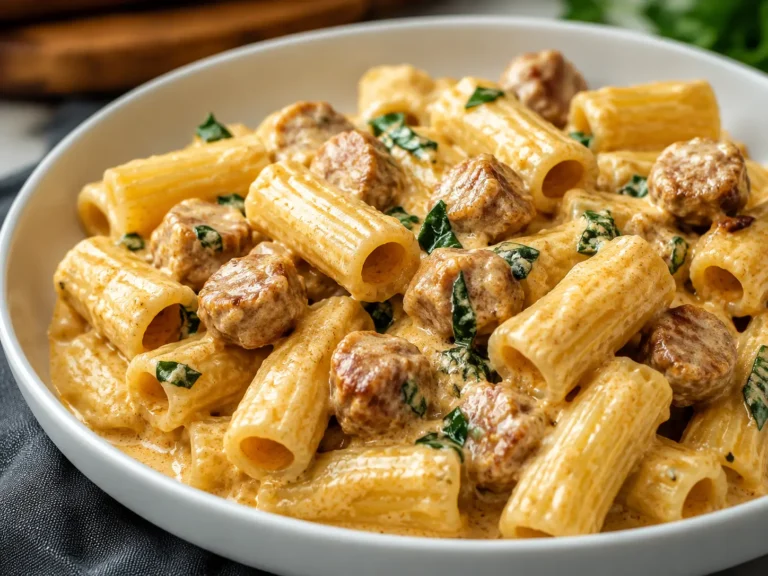 Creamy Italian Sausage Rigatoni served with Parmesan and fresh basil