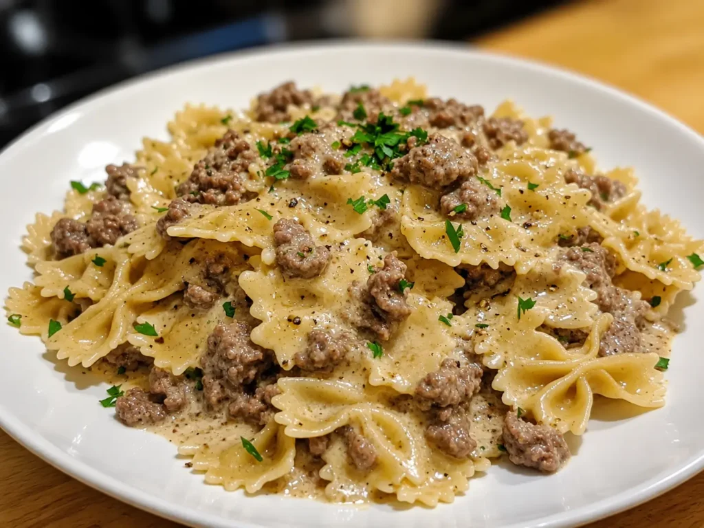 Creamy Garlic Parmesan Beef Pasta served warm in a skillet