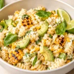 Creamy Street Corn Pasta Salad with roasted corn and cotija cheese