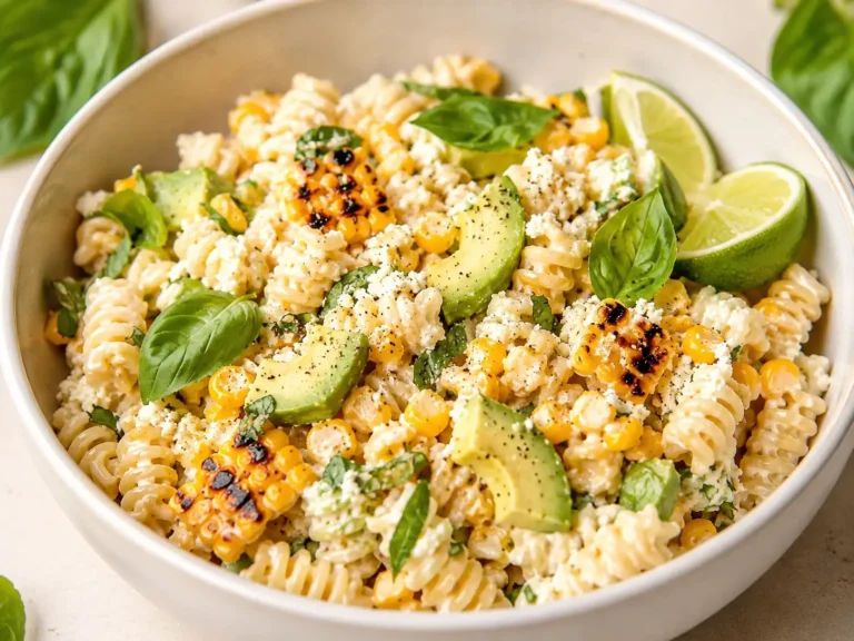 Creamy Street Corn Pasta Salad with roasted corn and cotija cheese