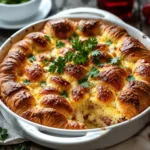 Croissant Breakfast Casserole baked golden with sausage and cheddar cheese