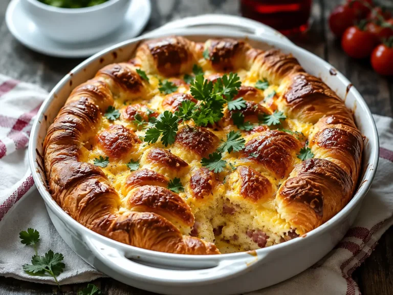Croissant Breakfast Casserole baked golden with sausage and cheddar cheese