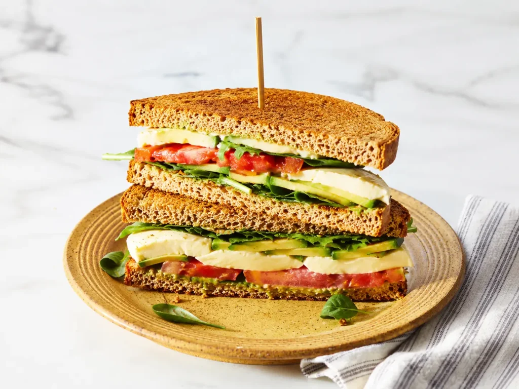 Fresh cucumber caprese sandwich with mozzarella and balsamic glaze
