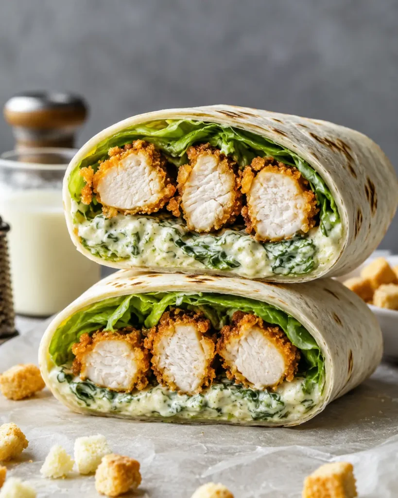 Easy Chicken Caesar Wraps filled with crispy chicken and romaine lettuce
