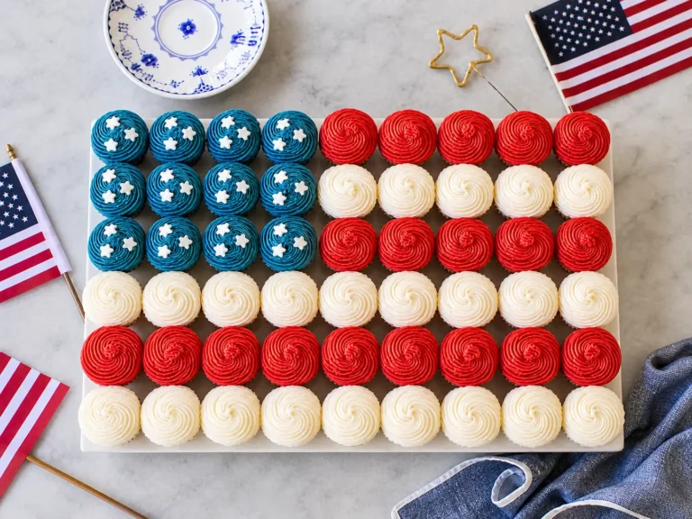 Easy Flag Cupcake with strawberries and blueberries arranged like a flag