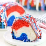 Colorful Firecracker Cake with red white and blue frosting drizzle