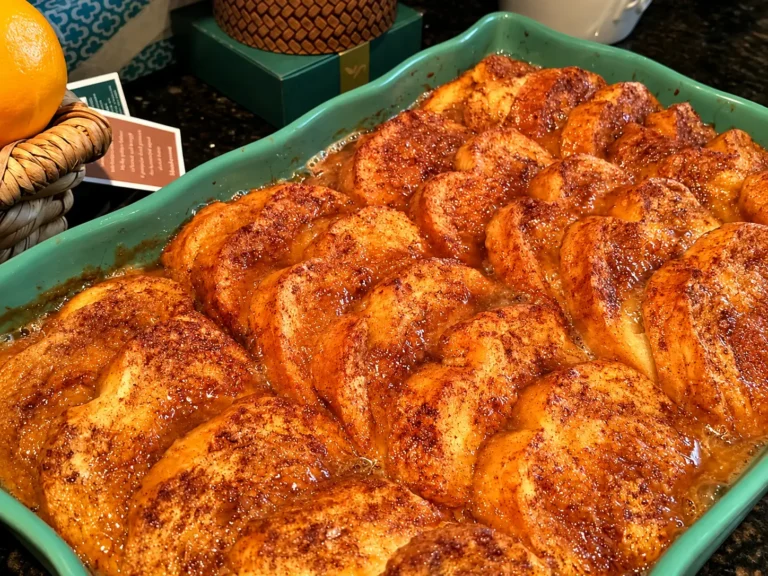Freshly baked French Toast Casserole with cinnamon topping in baking dish