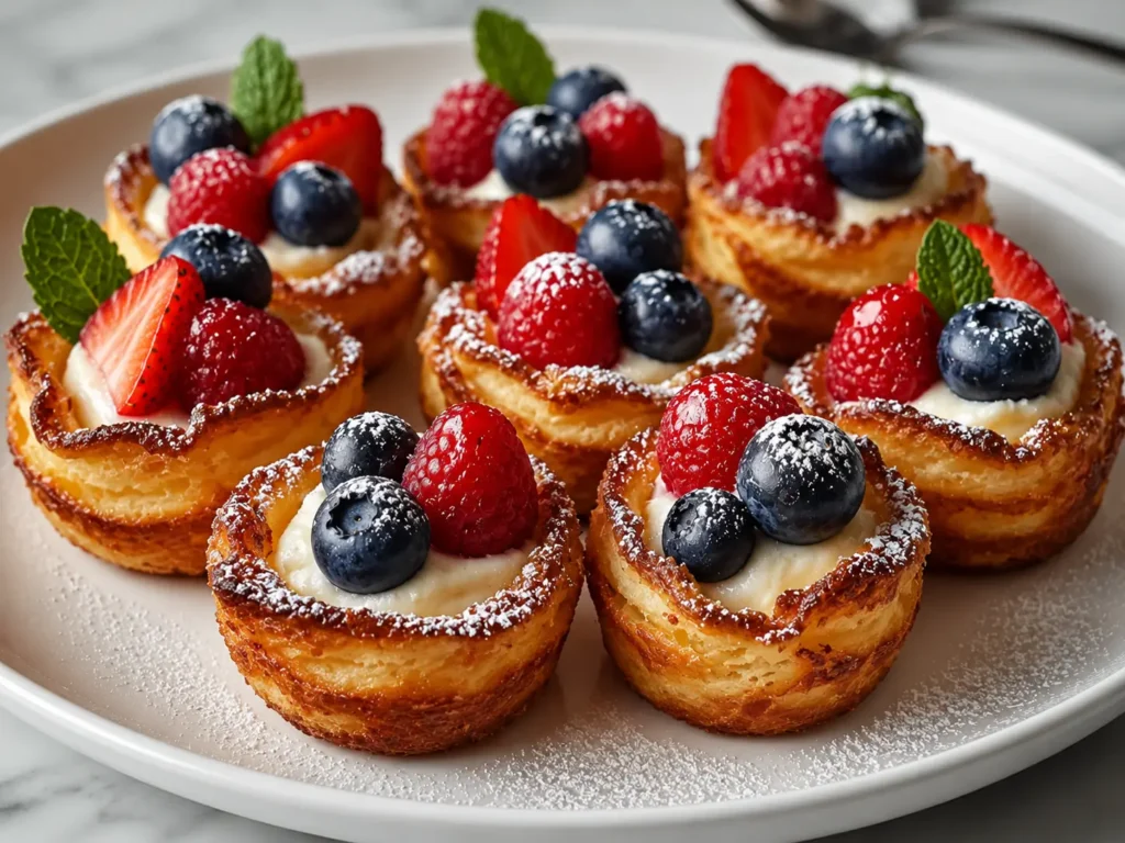 Golden French Toast Cups topped with powdered sugar and maple syrup